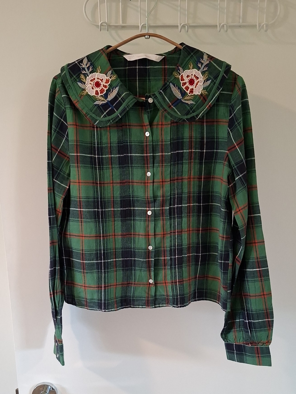 Zara Green Plaid Oversized Peter Pan Collar Embroidered Floral Blouse (Size S)